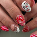 plalely Press on Nails Medium Almond,Handmade Acrylic Press on Nails with Flower Designs，Short Stick on Nail for Women 24pcs