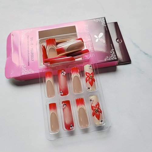 24 Pcs Handmade Press on Nails Long Square Nail Tips,YEFIUO Red Ombre French Acrylic Fake Nails Press ons 3D Pearl Nail Charms Design Glue on Nails Full Cover Reusable False Nails Art Kit for Ma'am