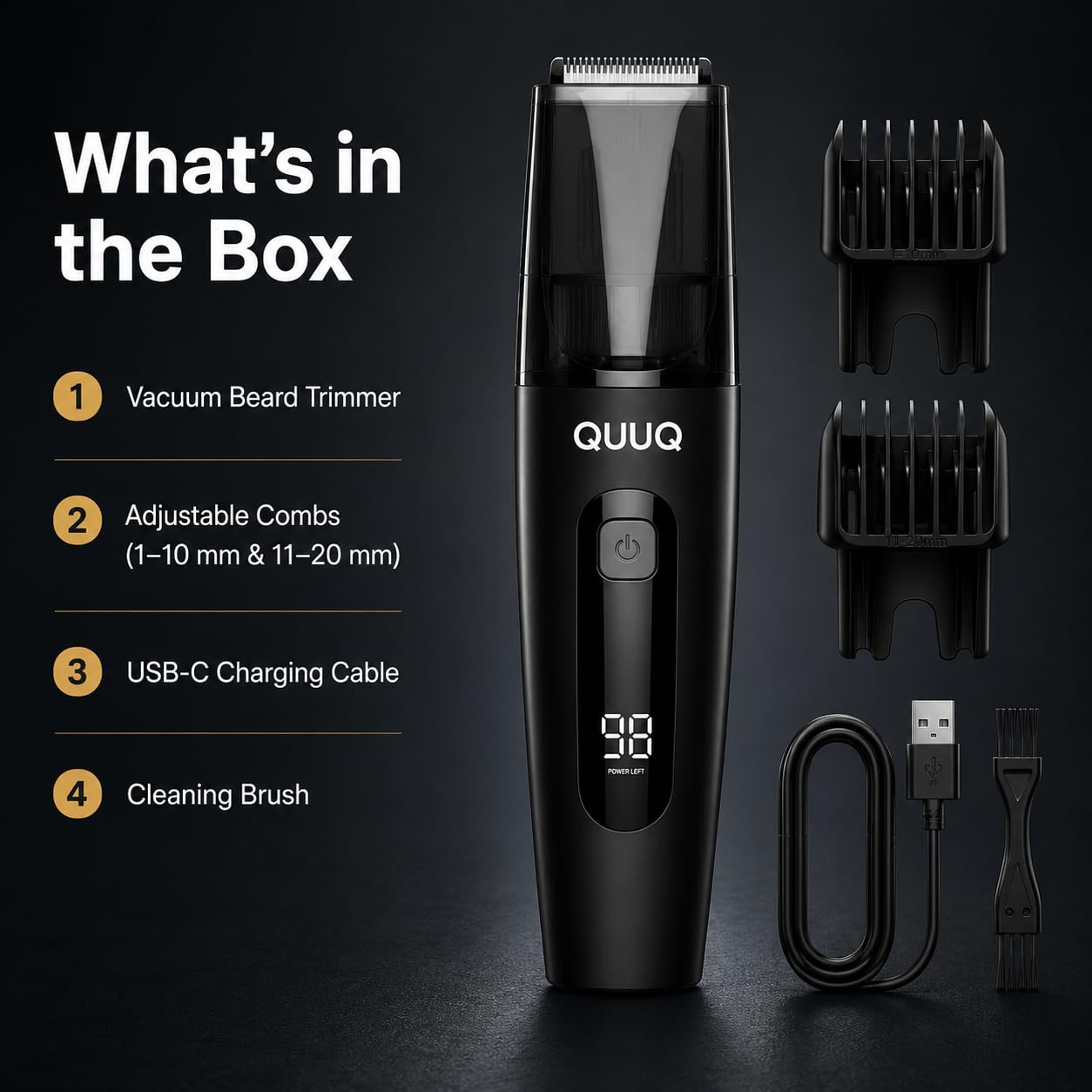 QUUQ Vacuum Beard Trimmer for Men, Cordless Electric Grooming Kit with Self-Collecting Hair Clipper, Adjustable 1–20mm Comb, IPX6 Waterproof, USB Rechargeable Mustache Trimmer