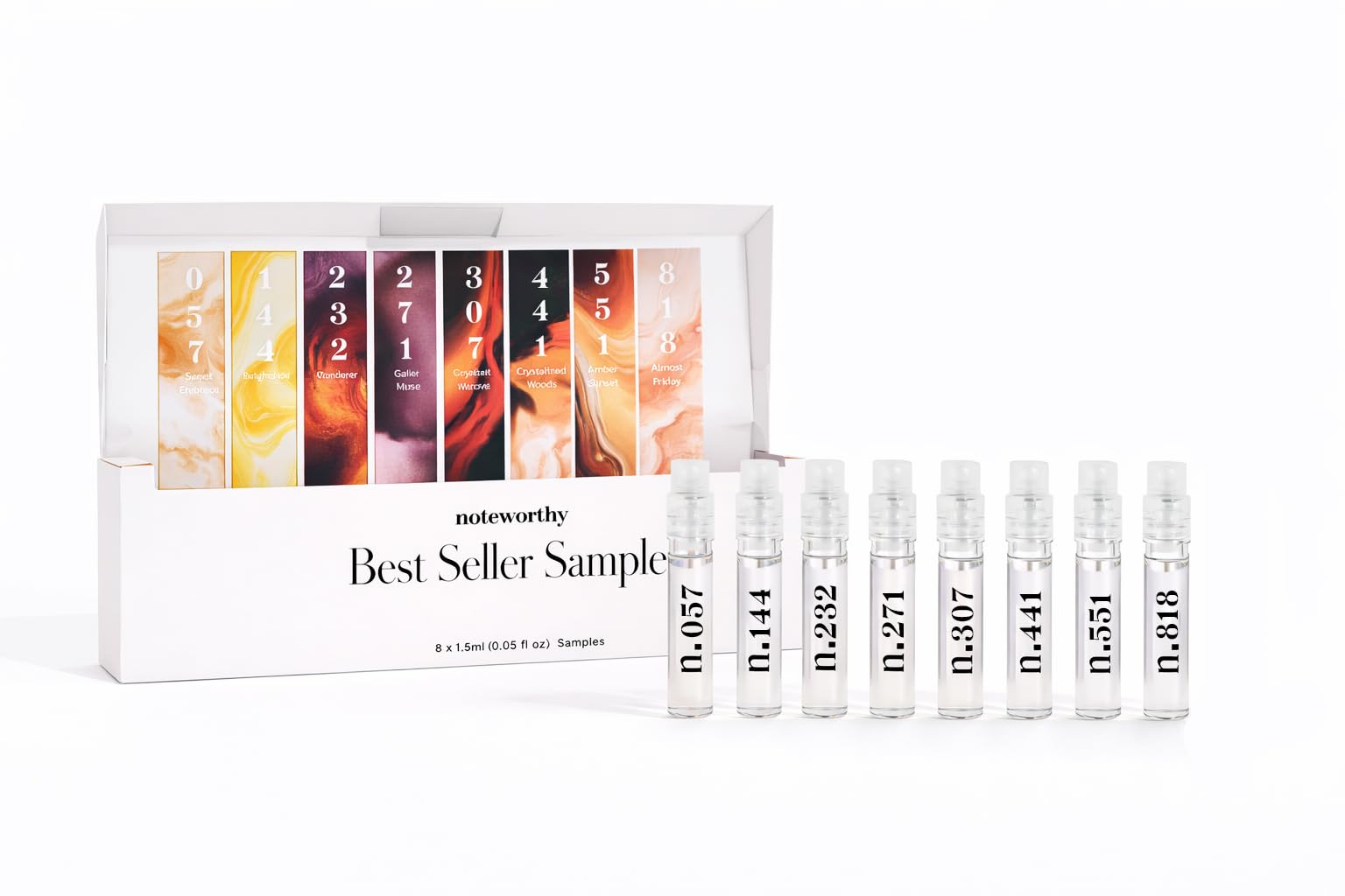 Noteworthy Fragrance Sampler Set | Luxury Perfume Samples | Includes Credit Toward 100ml Purchase | Notes of Vanilla, Sandalwood, Citrus & More | Cruelty-Free, Made in USA (Best Sellers - 8 Samples)