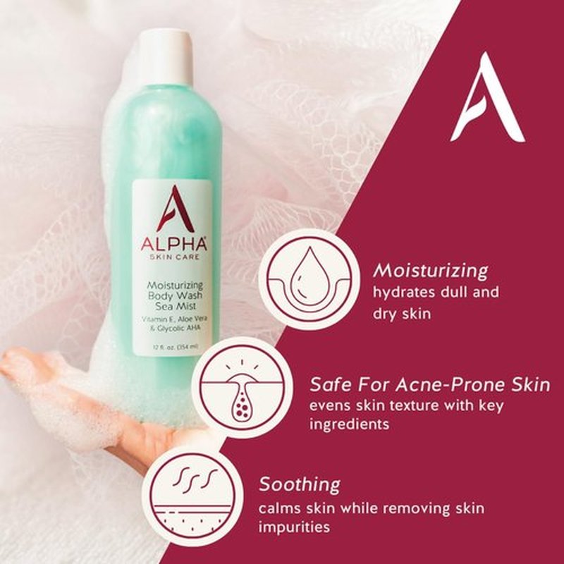 Alpha Skin Care Moisturizing Body Wash, Gentle Soap-Free Anti-Aging Formula, Glycolic AHA, Vitamin E & Aloe Vera, Conditions & Soothes, All Skin Types Hydroxy Acid, 12 Oz, Pack of 2