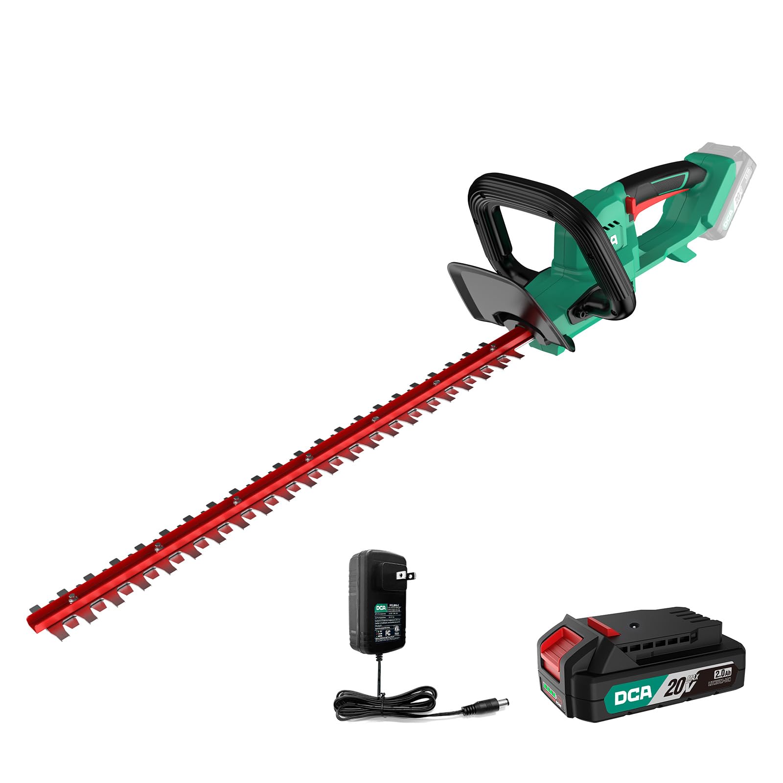 DCA 22 inch Hedge Trimmer Cordless 20V, 2800RPM Electric Bush Trimmer with Dual-Action Blade, 3/4" Cutting Capacity, 5.2 LBS Lightweight Bush Clipper, 180° Rotatable, 2.0Ah Battery & Charger Included