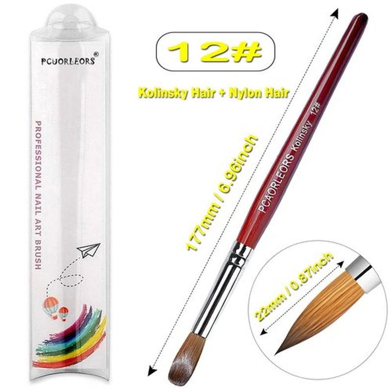 PCUORLEORS Acrylic Nail Brush with Pure Kolinsky Sable Hair and Red Wood Hand, Round/Flat Professional Gel Brush for Acrylic Power and Nail Extension Size #8,10,12 (2Pack(#12))