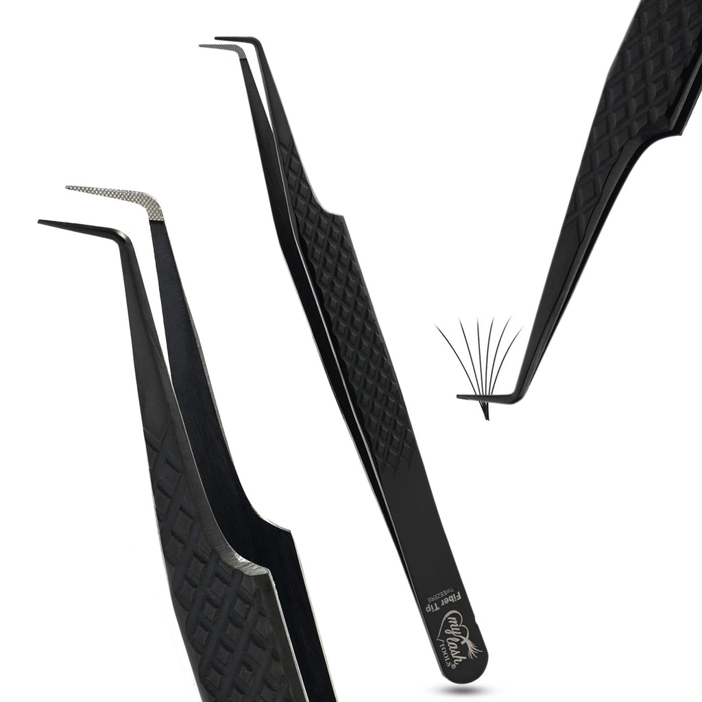 My Lash Tools Fiber Tip Lash Tweezers for Eyelash Extension Curved 90 Degree Angle Boot Tweezer Best for Volume, Individual Isolation & Classic Lashes Stainless Steel Lash Supply (Black)
