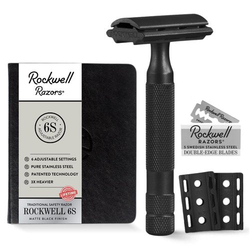 Rockwell Razors 6S Adjustable Black Stainless Steel Safety Razor - Custom Shaves for Men & Women | 6 Settings, 5 Recyclable Blades