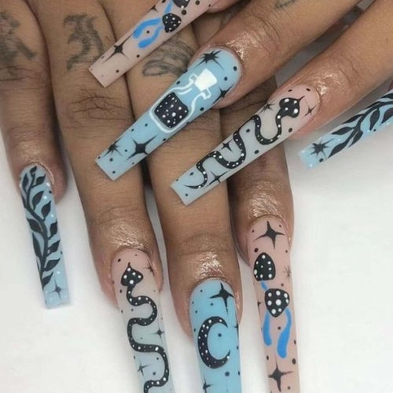 Kamize Long Press-on Snake Nails: Fake Blue Matte Graduating Full-Cover Acrylic False Nails - 24pc Set