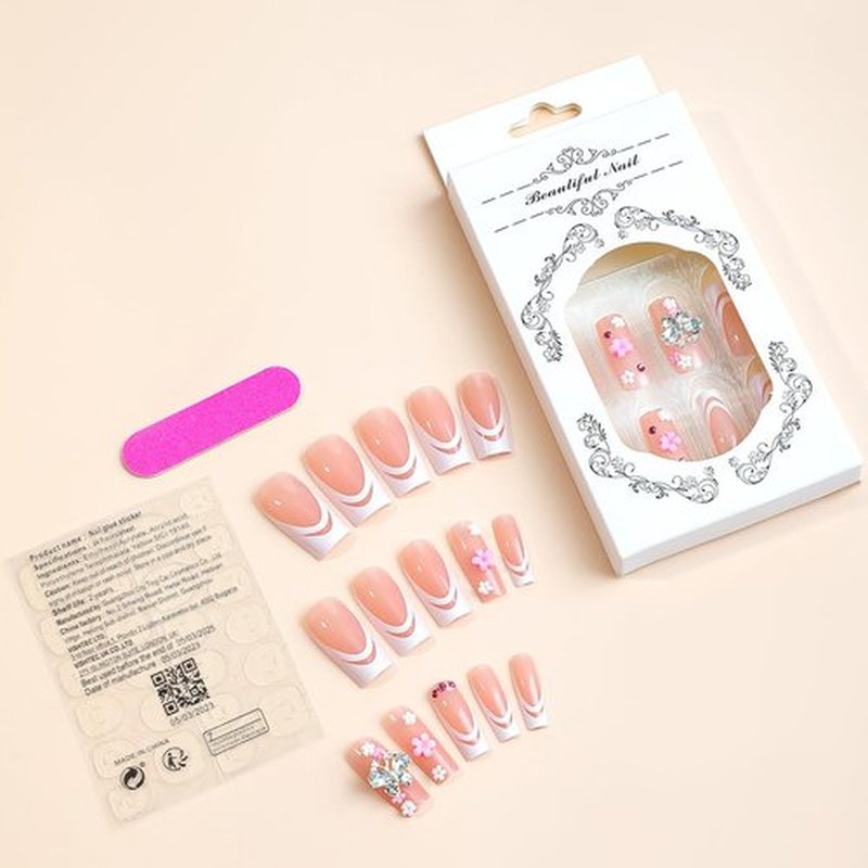 Square Press on Nails Long Fake Nails with Flower and Butterfly Charm Designs White False Nail Tips Long Square Acrylic Nails Full Cover Exquisite Design Artificial Nails for Women Girls 24pcs