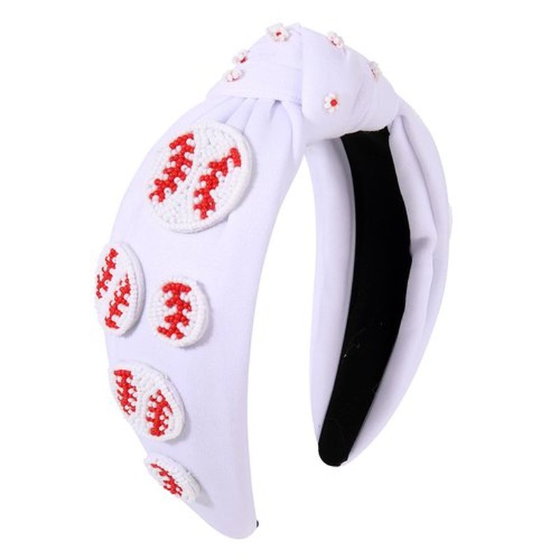 Sport Baseball Beaded White Headband for Women Teacher Beaded Baseball Charm Jeweled Embellished Hairband Fashion Elegant Ladies Wide Top Knot Headband for Game Day Jewelry Hair Accessories Gifts
