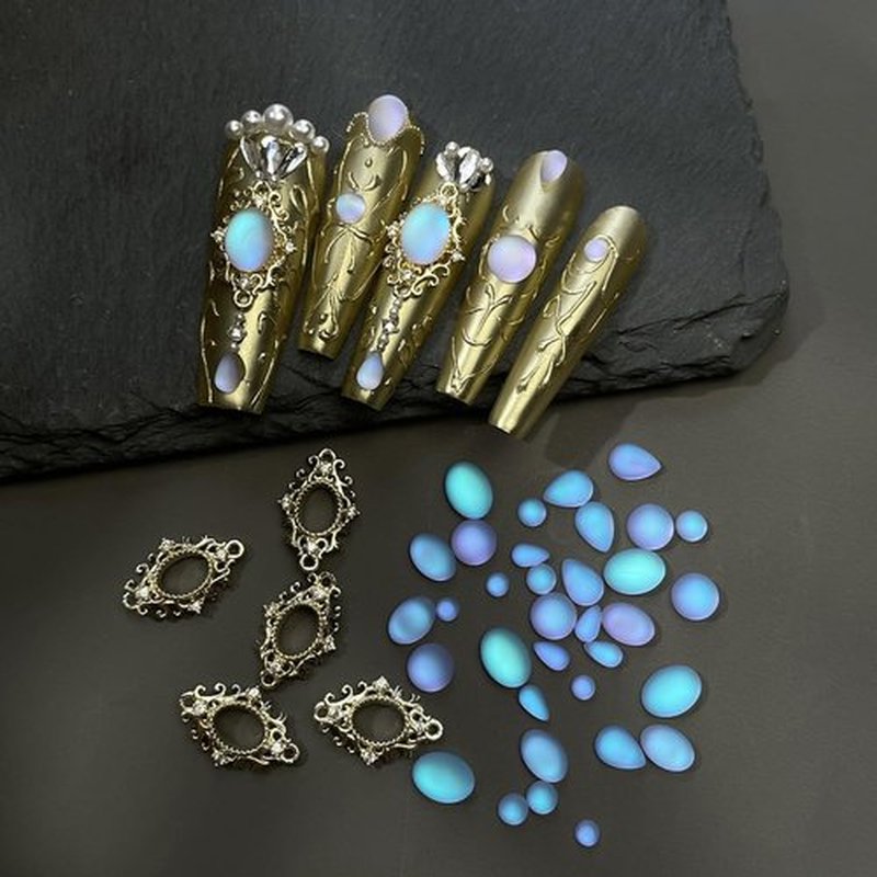 50Pcs Mix Shape Size Translucent Blue Tears Nail Rhinestones for Crafting Nail Charms and Gems 50Pcs Gold Frame Charms for Nails Design Circular Droplet Nail Crystals Nail Diamonds Nail Accessories