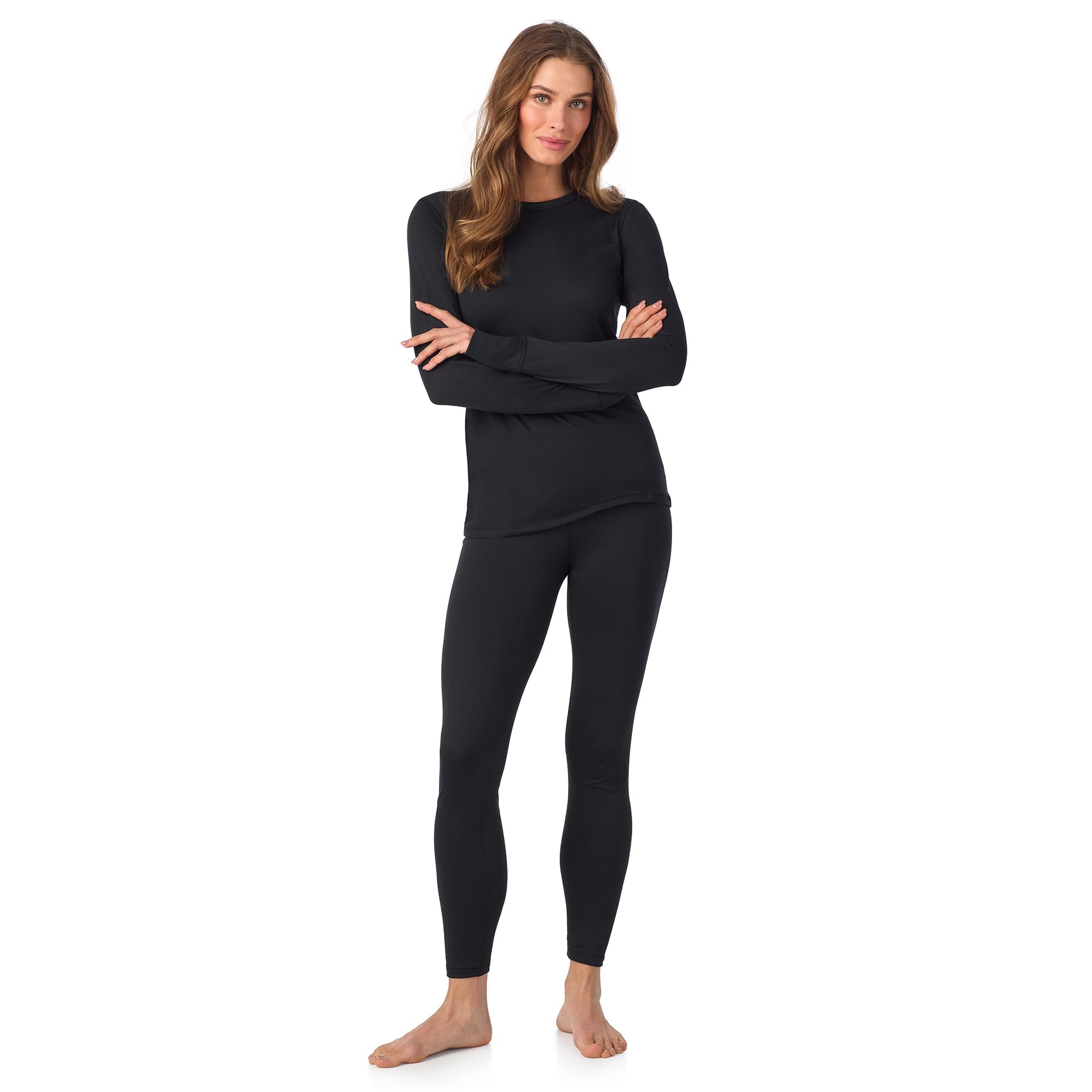 Cuddl Duds Womens Heavyweight Fleece 2 Piece Long Sleeve Thermal Underwear Set – Shirt & Leggings Base Layer for Cold Weather – Winter Clothing Long Johns Lounge Sets for Women, Black, M