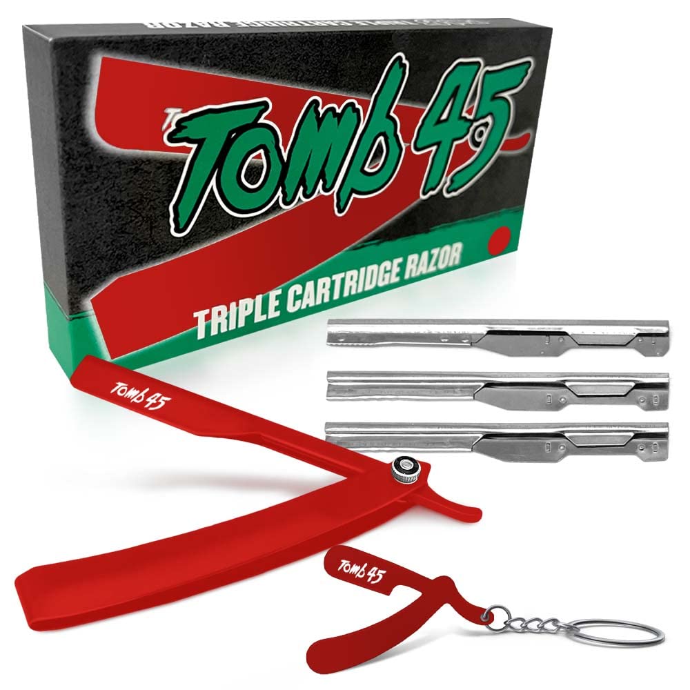 Tomb 45 Triple Cartridge Razor Holder | Disposable Razor Safety Handle For Barbers | 100% Metal Grip & 3 Adjustable Blade Exposure Options For Shaving | Men's Straight Edge Razors Manual Shaver (Red)
