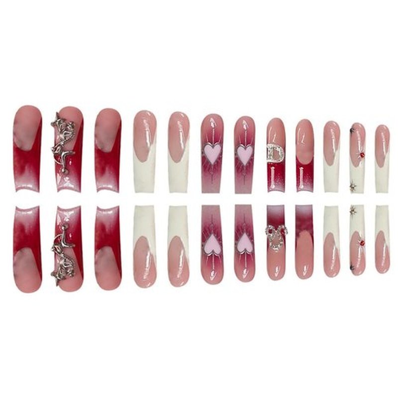 Long Press on Nails Square Fake Nails Pink Gradient Artificial Nail Heart and Silver Charm Designs Extra Long Stick on Nail for Women 24pcs