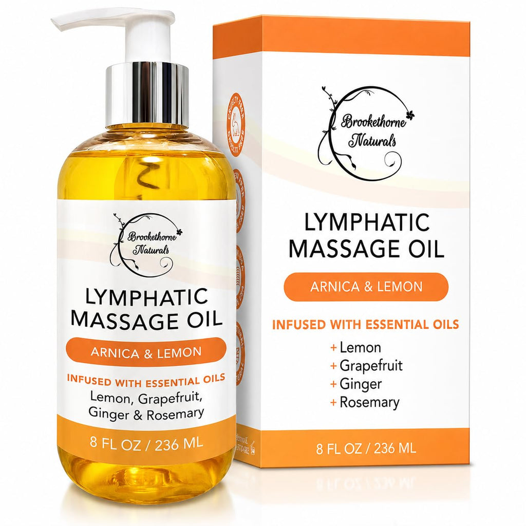 Lymphatic Massage Oil for Massage Therapy | 100% Natural Lymphatic Drainage Oil | Premium Quality with Arnica, Lemon & Ginger | for Post Surgery Recovery & Detox | 8oz by Brookethorne Naturals