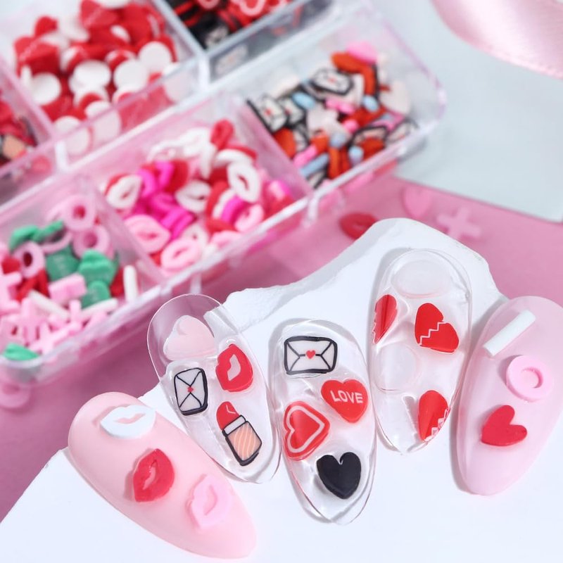 Valentine's Day Nail Art Slices Glitter Sequins 3D Heart Lips Envelope Shape Colorful Cute Nail Decals Paillettes for Girls Women DIY Nail Art Decoration