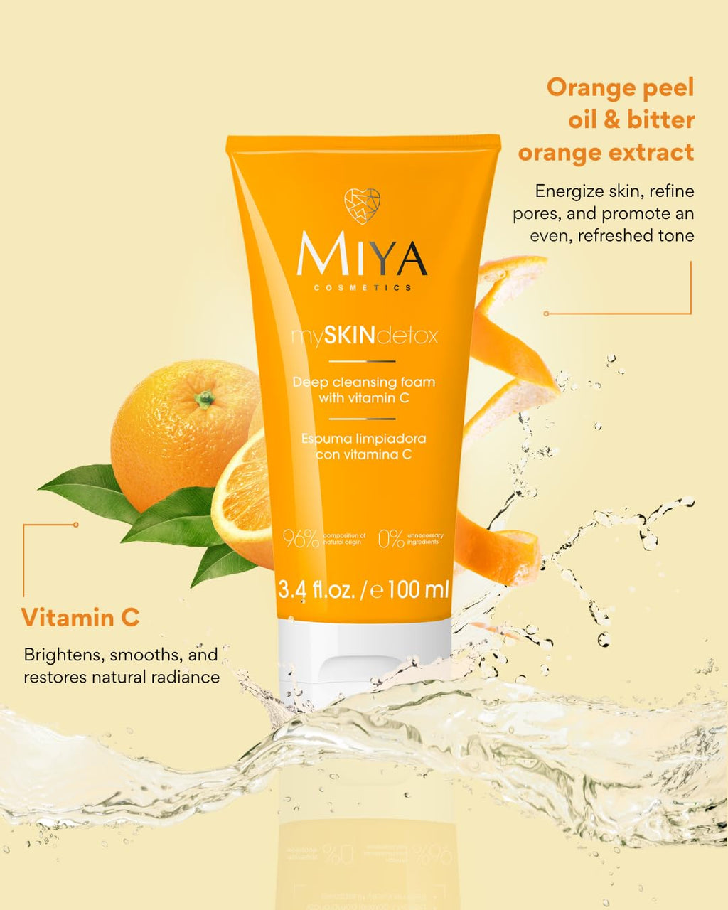 MIYA Cosmetics Vitamin C Foaming Face Wash Gentle Brightening Cleanser for Sensitive Skin, Pore-Minimizing & Refreshing Daily Formula mySKINdetox 3.4 oz