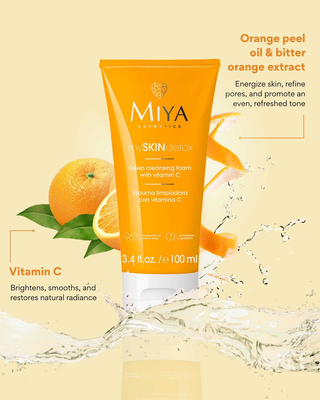 MIYA Cosmetics Vitamin C Foaming Face Wash Gentle Brightening Cleanser for Sensitive Skin, Pore-Minimizing & Refreshing Daily Formula mySKINdetox 3.4 oz