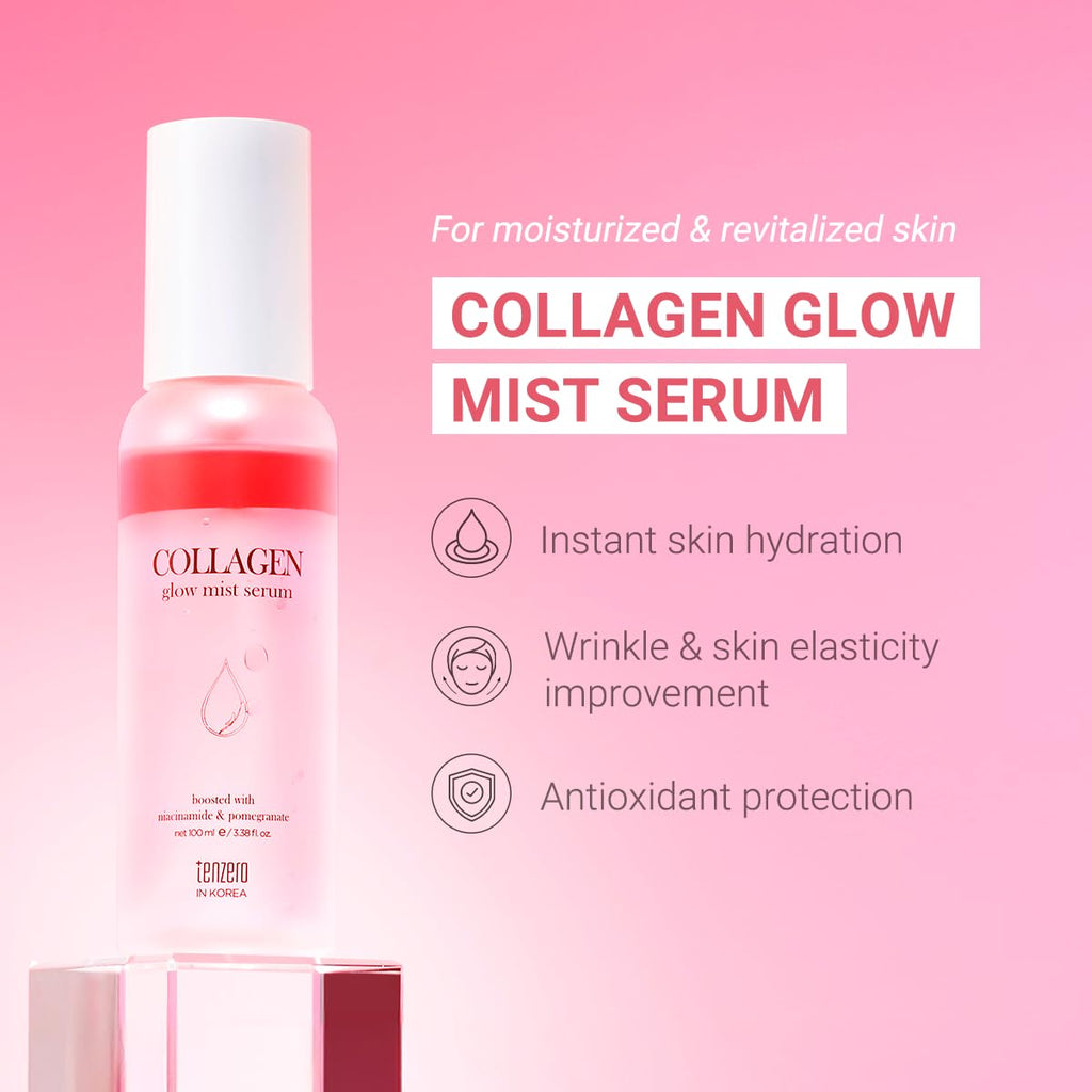 tenzero Collagen Glow Mist Serum 3.38 fl oz (100 ml), Hydrating, Anti Wrinkle, Antioxidant, Brightening Face Mist, Daily Moisturizer, Lightweight, for All Skin Types with Niacinamide, Pomegranate