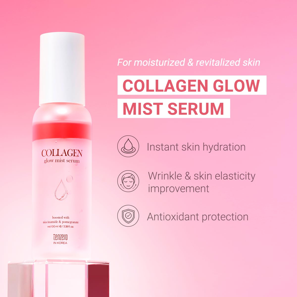 tenzero Collagen Glow Mist Serum 3.38 fl oz (100 ml), Hydrating, Anti Wrinkle, Antioxidant, Brightening Face Mist, Daily Moisturizer, Lightweight, for All Skin Types with Niacinamide, Pomegranate