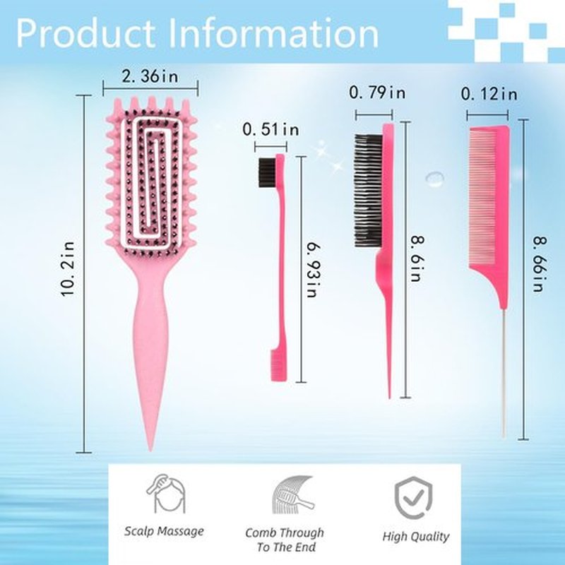 Curly Hair Brush,Curl Defining Brush plus 3 Pieces Hair Styling Comb Set(Slick Back Hair Brush,Rat Tail Comb,Edge Bristle Brush) Lightweight Vented for Combing, Shaping, Styling(Pink)