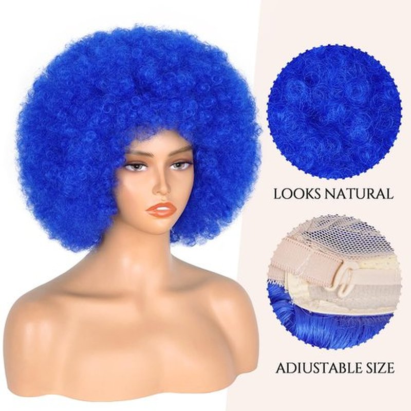 Aminow 70's Afro Wig for Women, Blue Short Afro Kinky Curly Wig, Glueless Synthetic Wig with Bangs, Puffy & Fluffy Bouncy Afro Wig for Daily Cosplay Party