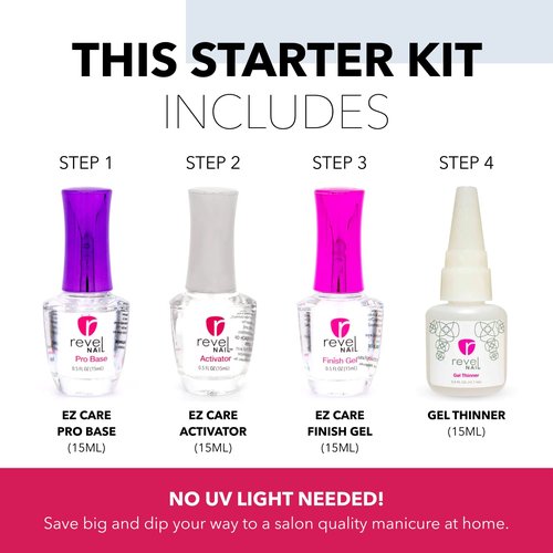 Revel Nail Dip Powder Starter Kit, 4-Color French Manicure Set with Base Coat, Activator, Finish Gel & Gel Thinner, Made in USA