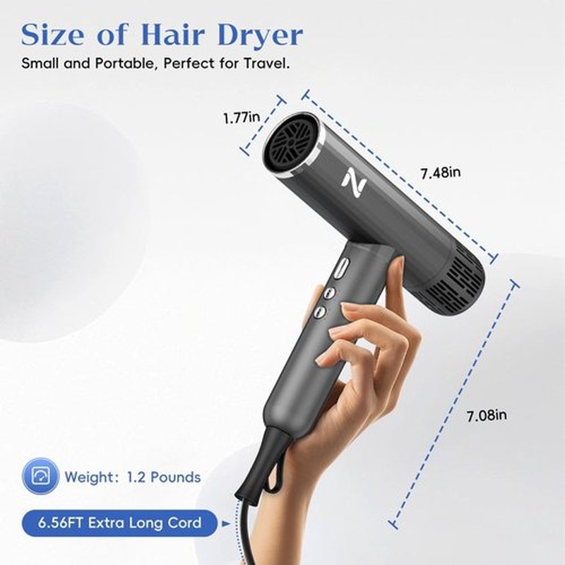 Natrial Ionic Professional Hair Dryer with Diffuser for Curly Hair,1600W&110000RPM High Speed Blow Dryer for Women,Fast Drying,Lock Function,Low Noise,Lightweight for Home Travel Salon,Gray