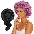 2 Pcs Large Satin Silk Bonnet for Sleeping Women, Adjustable Hair Bonnets for Sleeping with Tie Band, Silk Bonnet Sleep Cap for Curly Hair Long Braids (Black+Rose Pink)