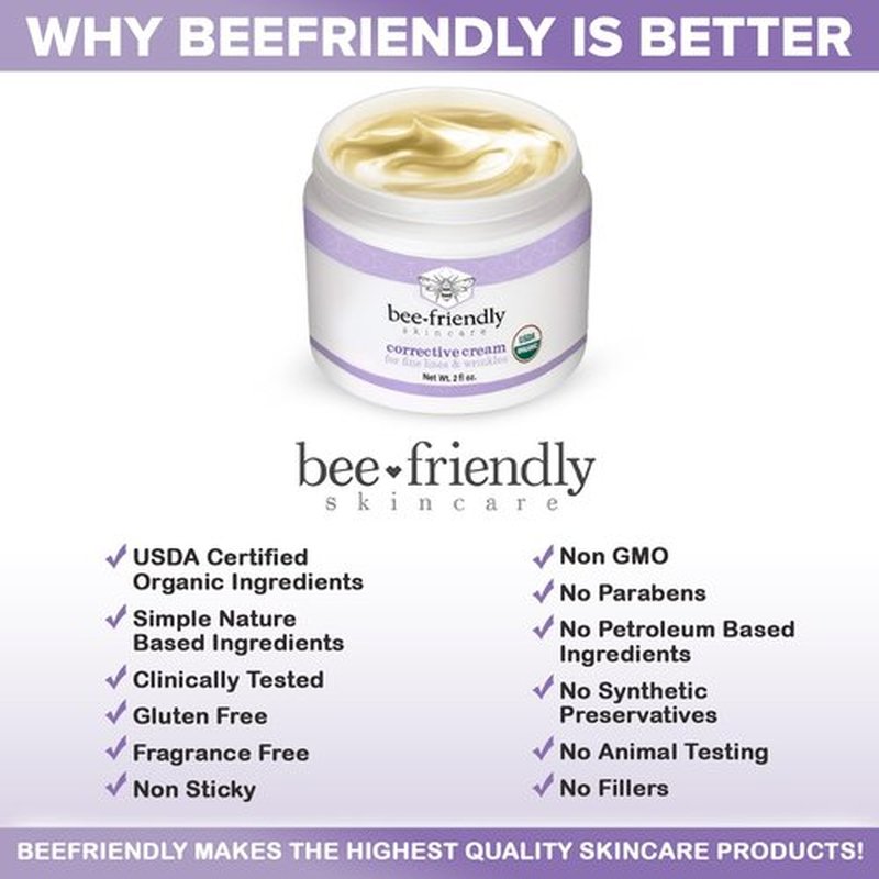 BeeFriendly Organic Corrective Cream, USDA Certified Face Moisturizer Rich Revitalizing Night Cream For Sensitive Skin Aids With Fine Lines, Wrinkles, Crows Feet, Eyes, Face, Neck 4 oz (2 Jars in box)
