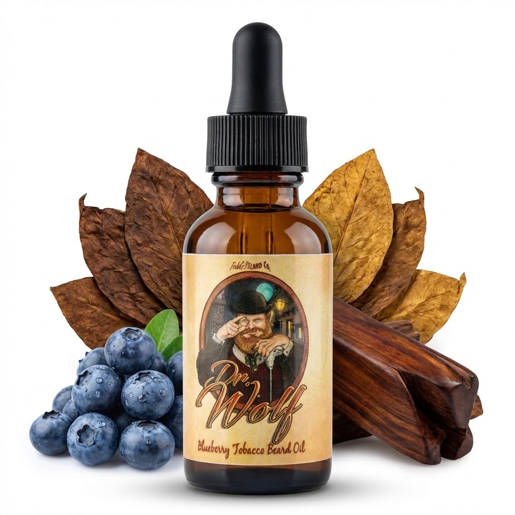 Fable Beard Co. Beard Oil - Dr. Wolf, Fresh Blueberries, Warm Tobacco, & Aged Mahogany, Natural Beard Oil for Men with Jojoba & Argan Oils, Vitamin E, Beard Hair Softener, Made in USA (1 Fl Oz)