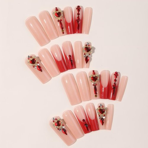 Rchovsam Xl French Tip Press on Nails Long Square False Nails Press Ons Red Love Diamond Design Fake Nail Red Stick on Nails Acrylic Full Cover Artificial Nail Gift for Women 24pcs