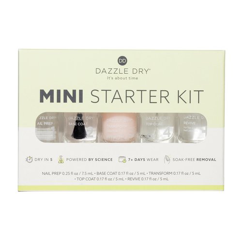 Dazzle Dry Complete Starter Mini Kit | Step 1 - Nail Prep, Step 2 - Base Coat, Step 4 - Top Coat, Transform - Ridge Filler & Revive - Polish & Top Coat Thinner.