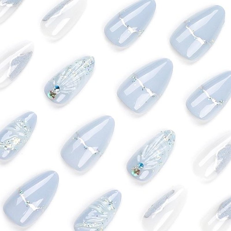 KKUUOO Medium Almond Blue Press-on Nails - Shell Design Rhinestones, French False Nails, Glossy Acrylic Finish, Stick-on, 12 Sizes, 24 Pieces
