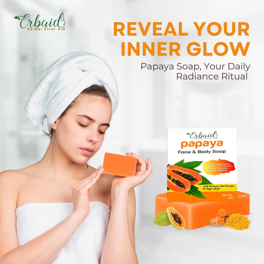 Erbaid Papaya Soap Face & Body Wash – Skin Brightening Papaya Soap Bar for Dark Spots – Reduce Acne, Cleanse Scars, & Even Tone – with Turmeric, Kojic Acid & Essential Oils – for All Types
