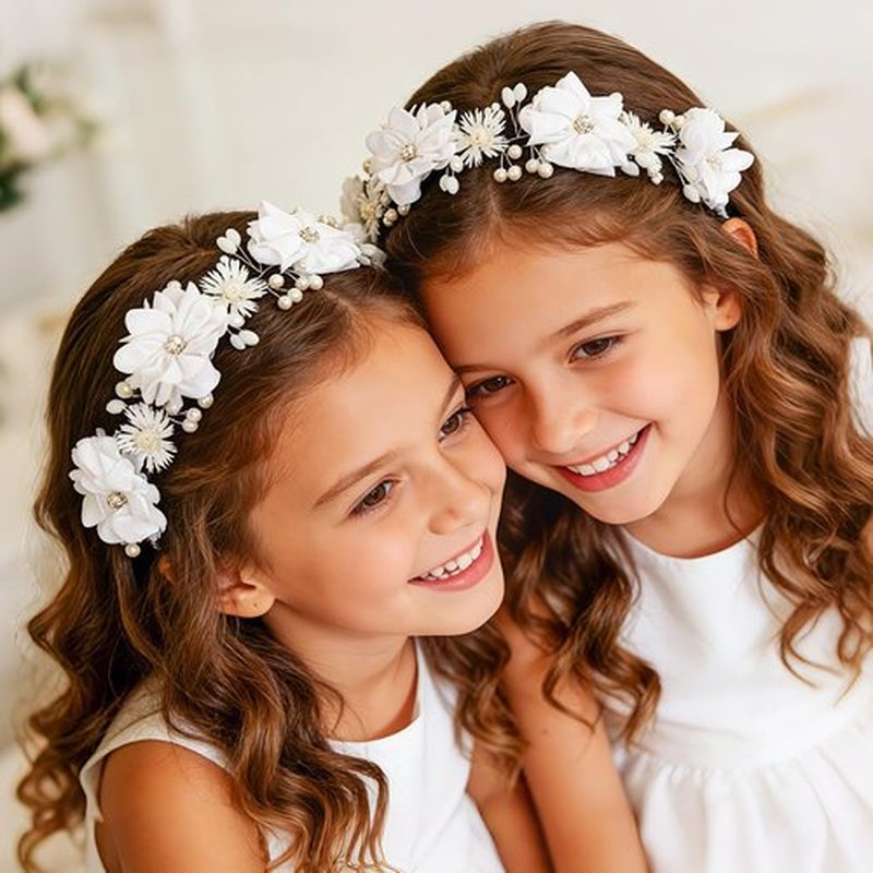 Campsis Flower Girl Headpiece, Pearl Floral Headband, White Communion Hair Accessory for Bridal