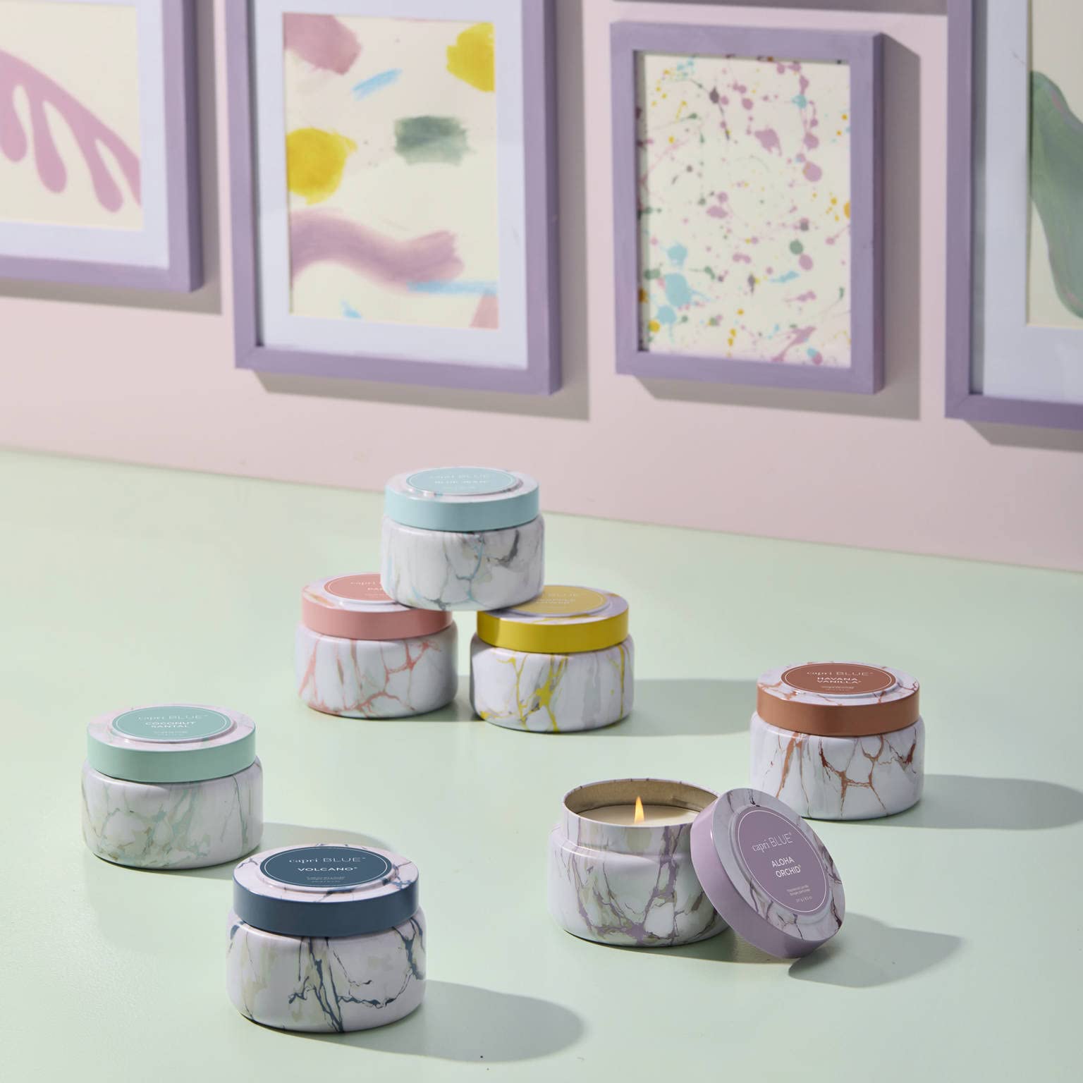 Capri Blue Modern Marble Printed Travel Tin Jar Candles - Luxury Decorative Candle for Home Scented - Long Lasting Soy Wax Blend - Volcano (8.5 oz)