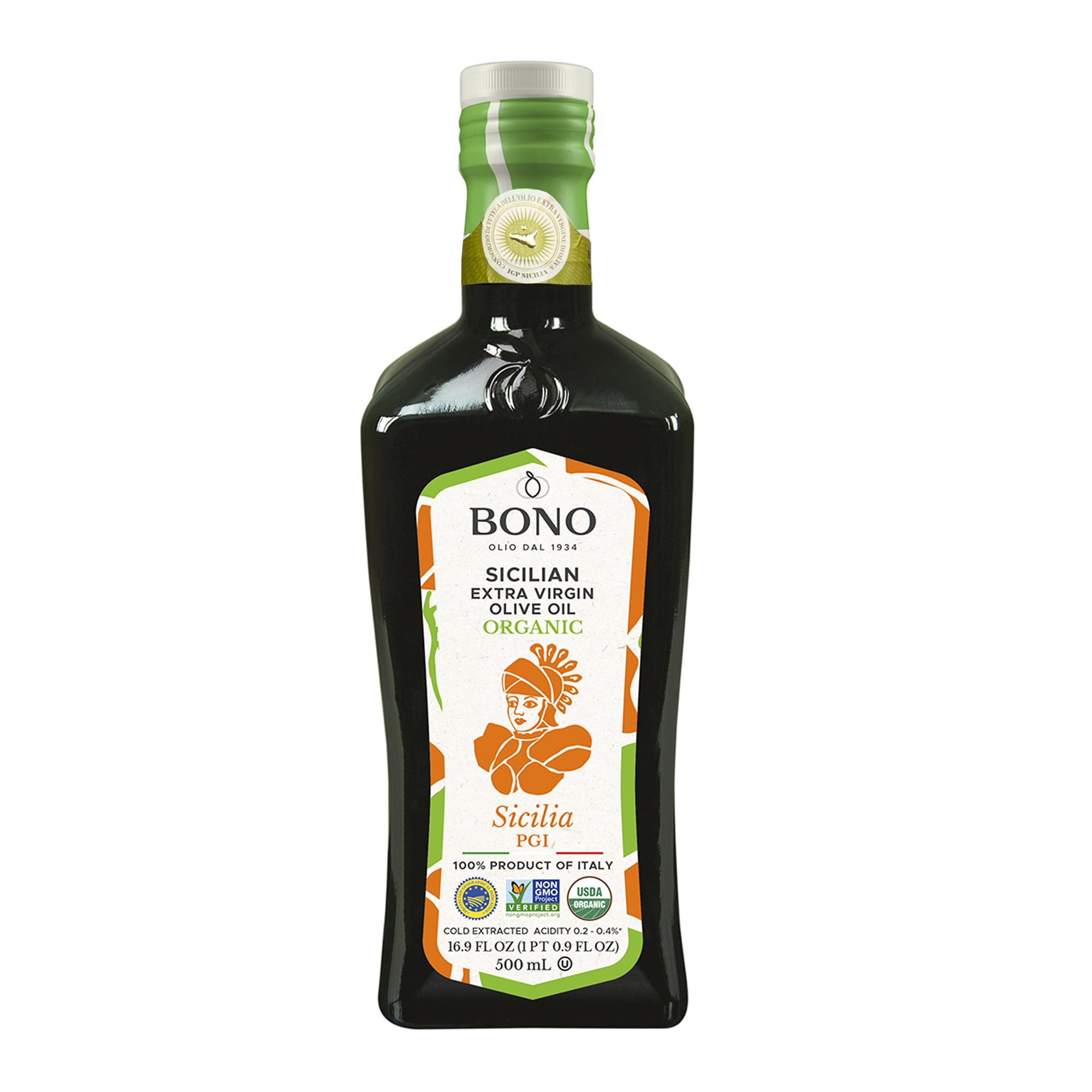 Bono Organic Sicilian PGI Extra Virgin Olive Oil, 16.9 Fl Oz – USDA Organic, Non-GMO, Cold Extracted, Certified Gluten Free, Clean Label Project Purity Award Winner