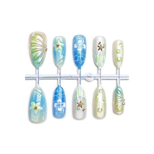 NSSHEL 30 Pcs Medium Almond Art Deco Press-On False Nails with Flower & Droplet Designs Summer Starfish Full Cover French Tip Gradient Acrylic Nails Glue-On Nails for Women