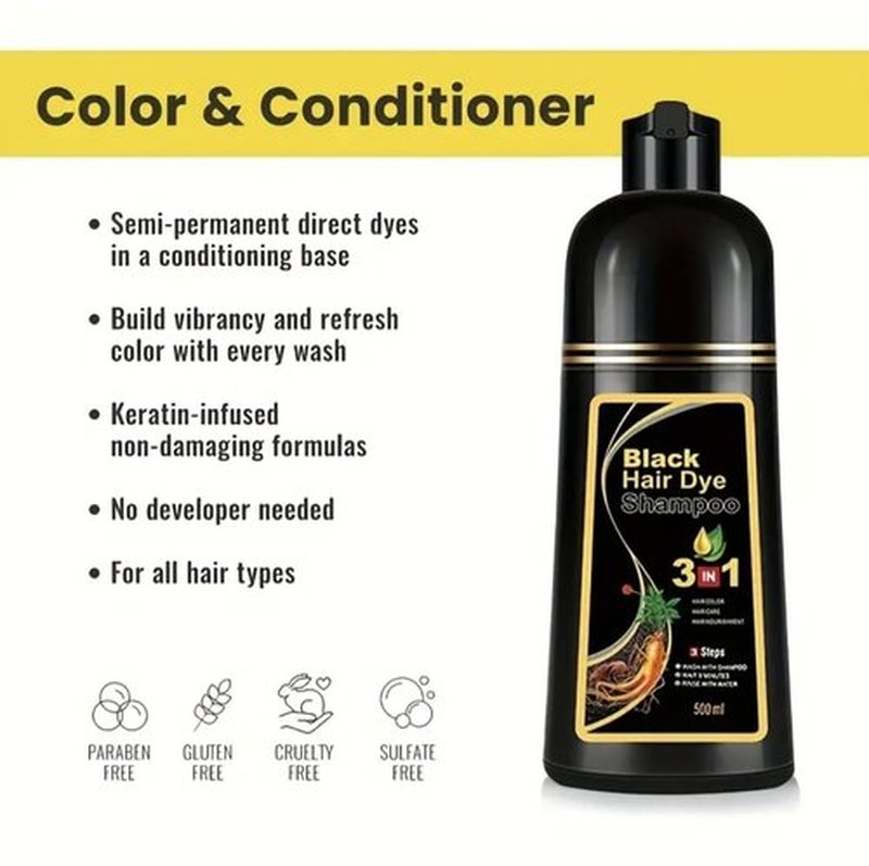 Black Hair Dye Shampoo 3 in 1 Instant Black Color, Moisturizing & Nourishing Formula Herbal Hair Dye for Men & Women,Long-Lasting Shine- Just wait 15-20 minutes and rinse with water (500 ml)