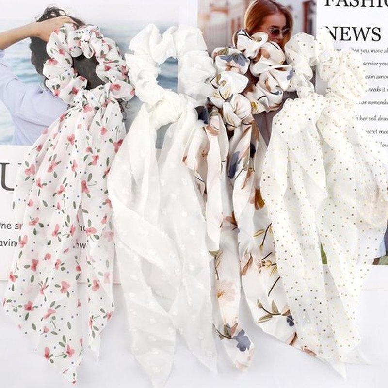 FQYN 4PCS Hair Scrunchies for Women Hair Scarf Scrunchies with Long Tails Knotted Bow Hair Ties Hair Ribbon White Elastic Hair Ties Hair Bands Ponytail Holders Hair Accessories for Women and Girls