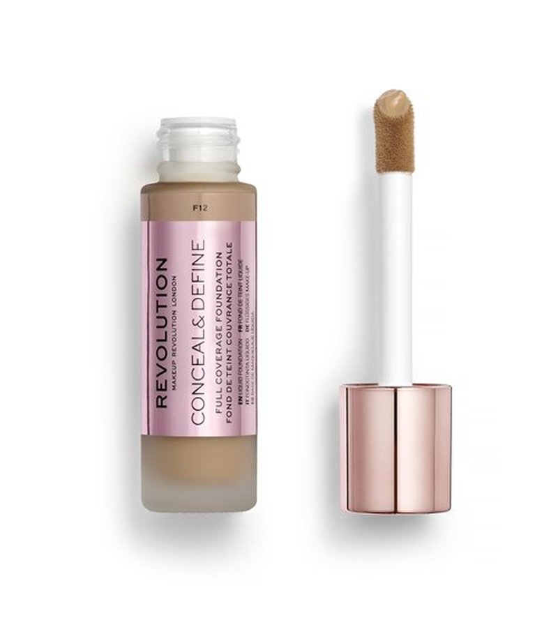 Revolution, Conceal & Define Foundation, Full Coverage, Long-Lasting Matte Finish, Vegan & Cruelty-Free, F12 Medium to Dark Skin Tones, 0.8 fl oz
