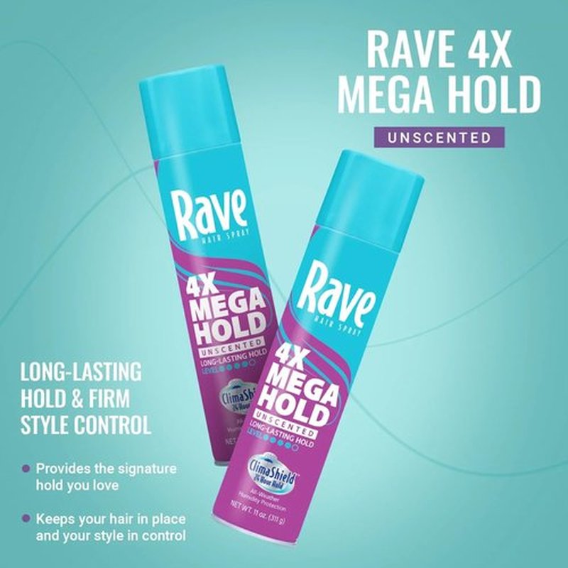 Rave 4X Mega Unscented Hairspray - 24-Hour Humidity-Resistant Hold - Vitamin-Enhanced Volume - 2 Pack