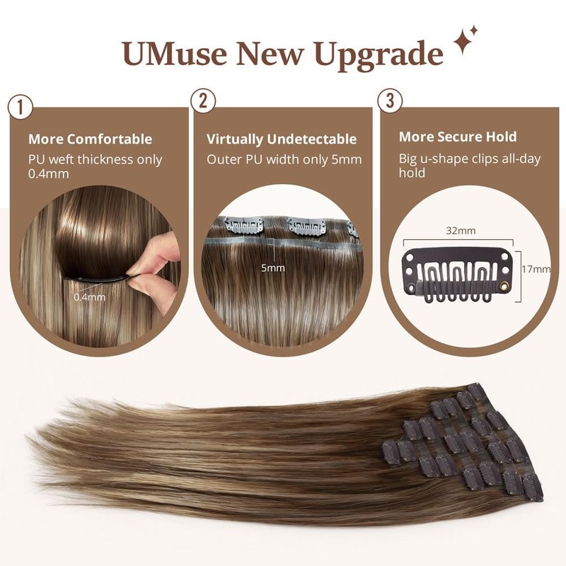 uMuse Seamless Clip In Hair Extensions Real Remy Human Hair, 18 Inch 120g 8pcs, Invisible PU Skin Weft, Balayage Chocolate Brown to Caramel Blonde, Straight Hair for Add Volume&Natural Blend