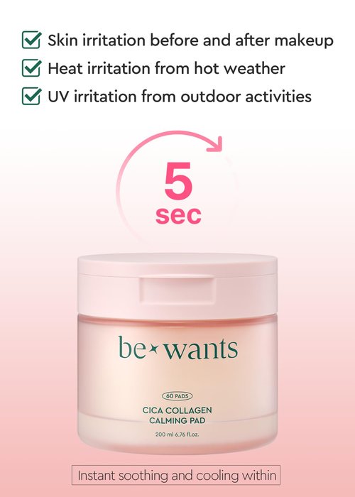 bewants Cica Collagen Calming Facial Toning Pads – Instant Soothing & Moisturizing with Centella Asiatica & Triple Hyaluronic Acid, 60 Pads, Includes Hygienic Tweezers