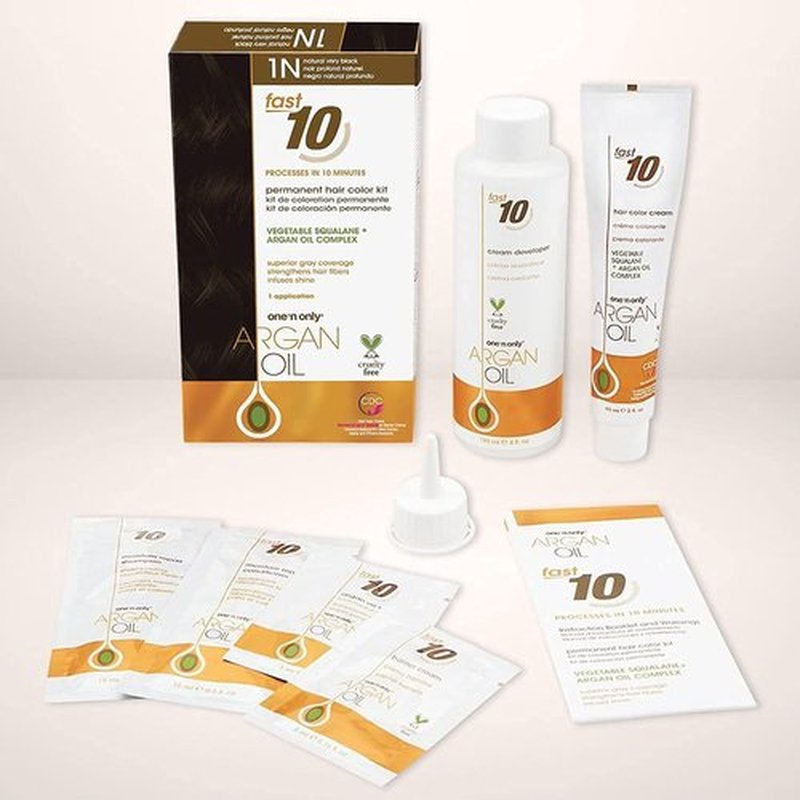One 'N Only Fast 10 Permanent Hair Color Kit - Moisturizing Hair Dye with Argan Oil | Natural Very Black (1N)