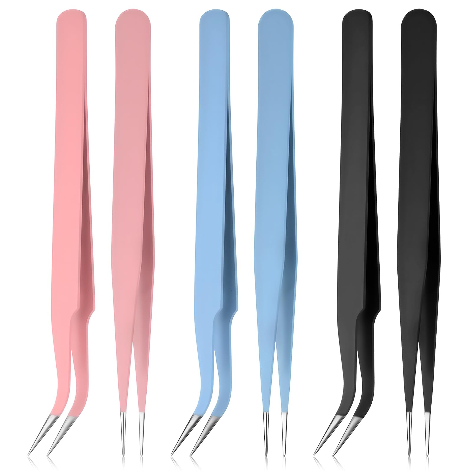 JJUNW 6 PCS Stainless Tweezers Straight Curved Tweezers, 3 Colors Precision Tweezer with Protective Cover for Eyelash Extensions Nail Art Stickers Electronics Scrapbooking Tools