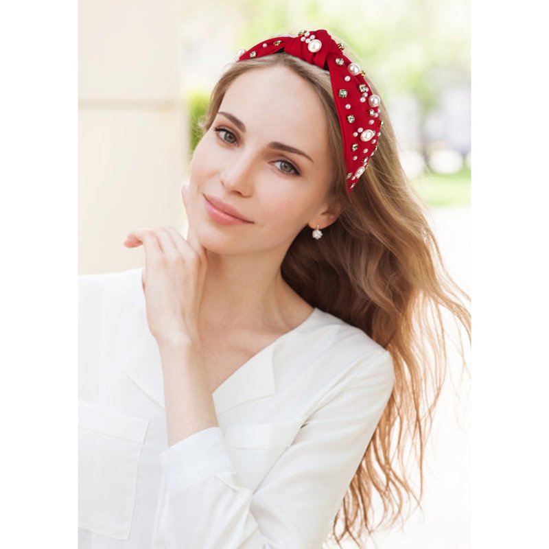 Uintoon Red Headband for Women Pearl Knotted Headband Sparkly Rhinestone Pearls Top Knotted Headbands Womens Fashion Hair Accessories Cute Hair Bands