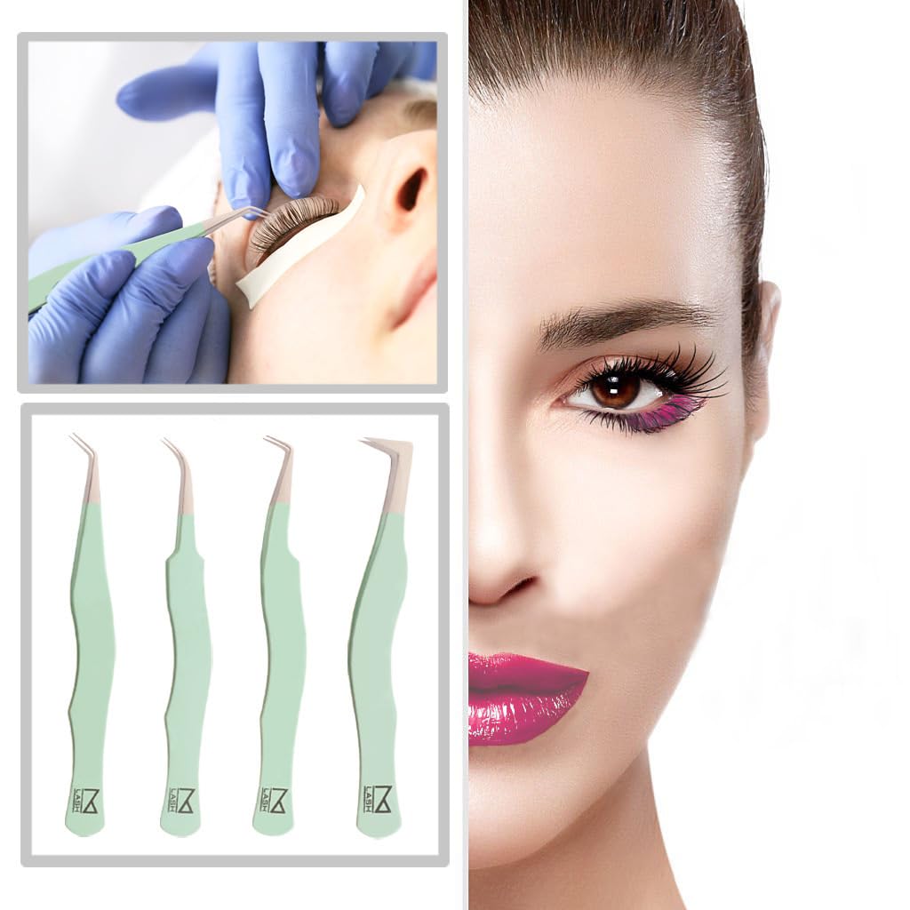 M LASH Tweezers for Eyelash Extensions (Set of 4) - Professional Lash Extension Tweezers - Fiber Tip, Japanese Steel, Diamond Grip Eyelash Extension Tweezer set (Multi-Color)