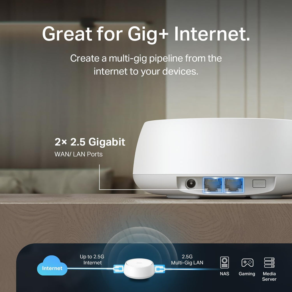 TP-Link Deco 7 BE25 Dual-Band BE5000 WiFi 7 Mesh Wi-Fi System | 4-Stream 5 Gbps, 240 Mhz | Covers up to 6,600 Sq.Ft | 2X 2.5G Ports Wired Backhaul | VPN,MLO, AI-Roaming, HomeShield, 3-Pack