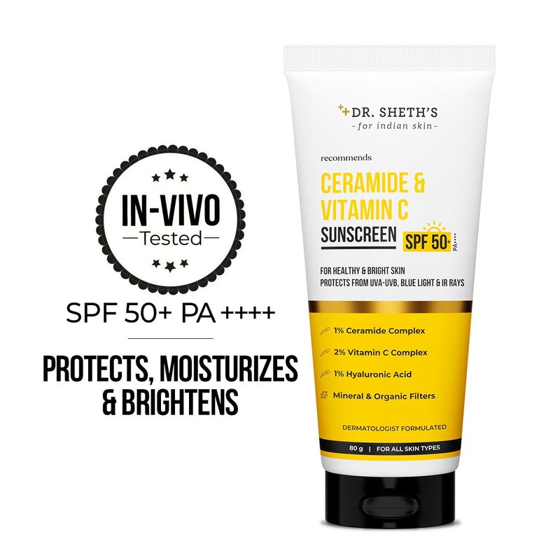 Dr. Sheth's Ceramide & Vitamin C Sunscreen SPF 50+ PA++++ In-Vivo Tested For Healthy & Bright Skin Lightweight & Non Greasy For UVA/UVB & Blue Light & IR Protection No white cast For All Skin Types