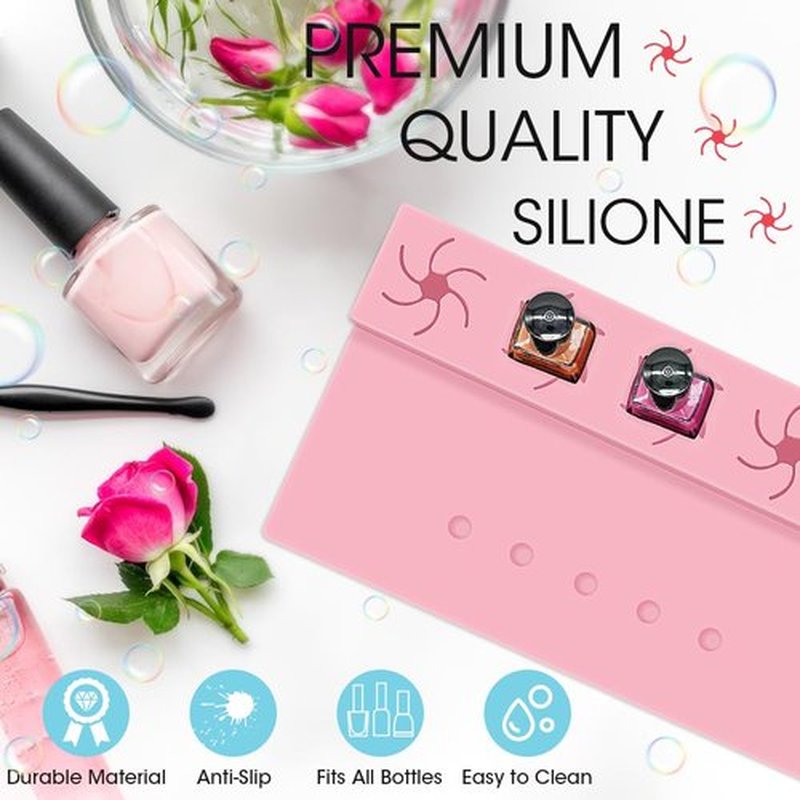 Mydrissu Nail Polish Holder,Silicone Hand Rest Mat Fingernail Painting Tools 2 in 1 Art Accessories Organizer Case Set with Anti-Spill Bottle Stand and Finger Separators for Pedicure Manicure(Pink)